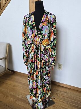 Floral V-Neck Long Sleeve Maxi Dress - Black Multi